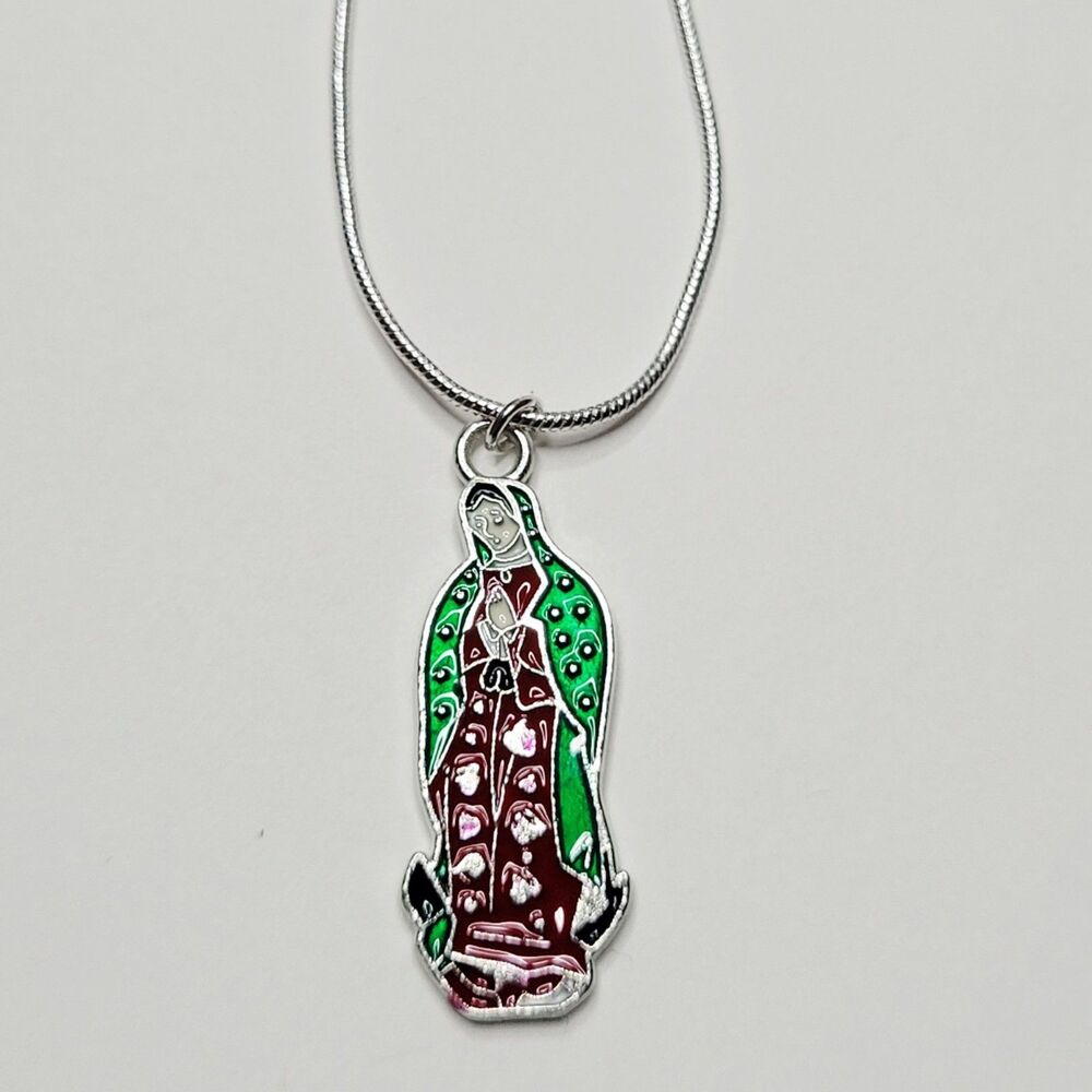 NWT Miraculous Virgin Mary Our Lady Of Guadalupe Necklace Silver, Red And Green